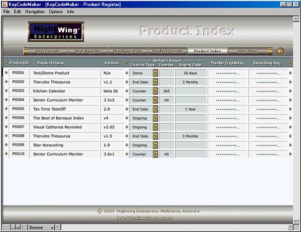 KeyCodeMaker® - PRODUCT INDEX SCREEN