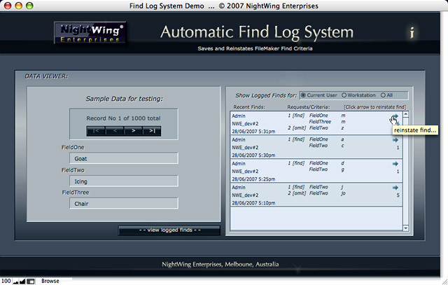 Find Log System demo for FileMaker Pro